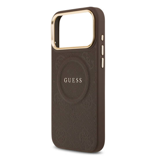 Apple iPhone 17 Pro Max Kılıf Guess Orjinal Lisanslı M-safe Şarj Özellikli Sıcak Baskılı Yazı Logolu PU Deri Peony Kapak - 24