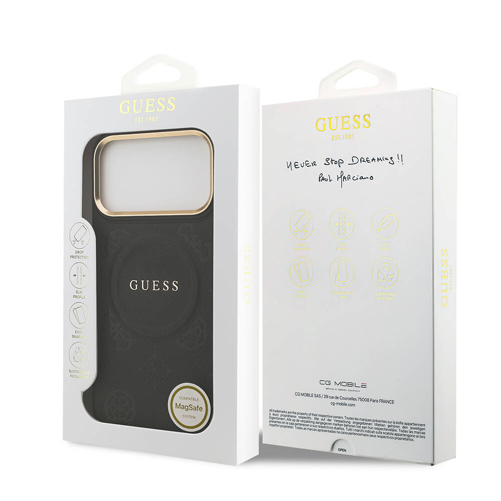 Apple iPhone 17 Pro Max Kılıf Guess Orjinal Lisanslı M-safe Şarj Özellikli Sıcak Baskılı Yazı Logolu PU Deri Peony Kapak - 32