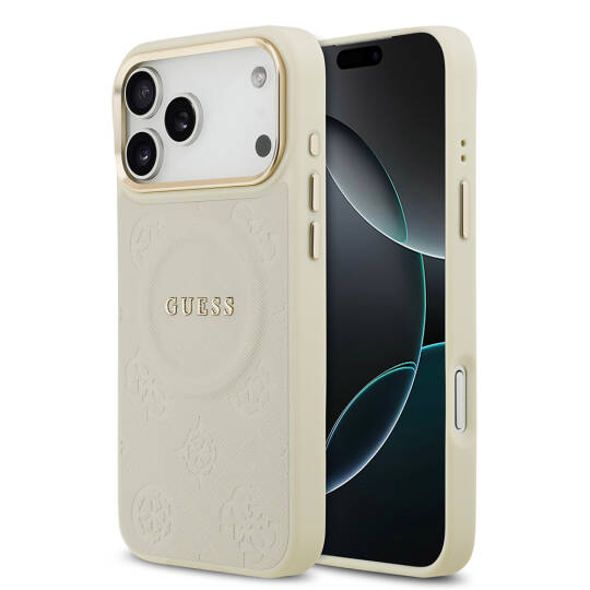Apple iPhone 17 Pro Max Kılıf Guess Orjinal Lisanslı M-safe Şarj Özellikli Sıcak Baskılı Yazı Logolu PU Deri Peony Kapak - 12