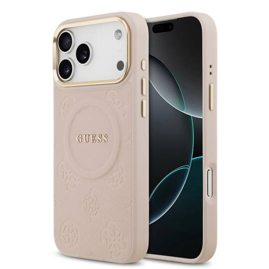 Apple iPhone 17 Pro Max Kılıf Guess Orjinal Lisanslı M-safe Şarj Özellikli Sıcak Baskılı Yazı Logolu PU Deri Peony Kapak - 10