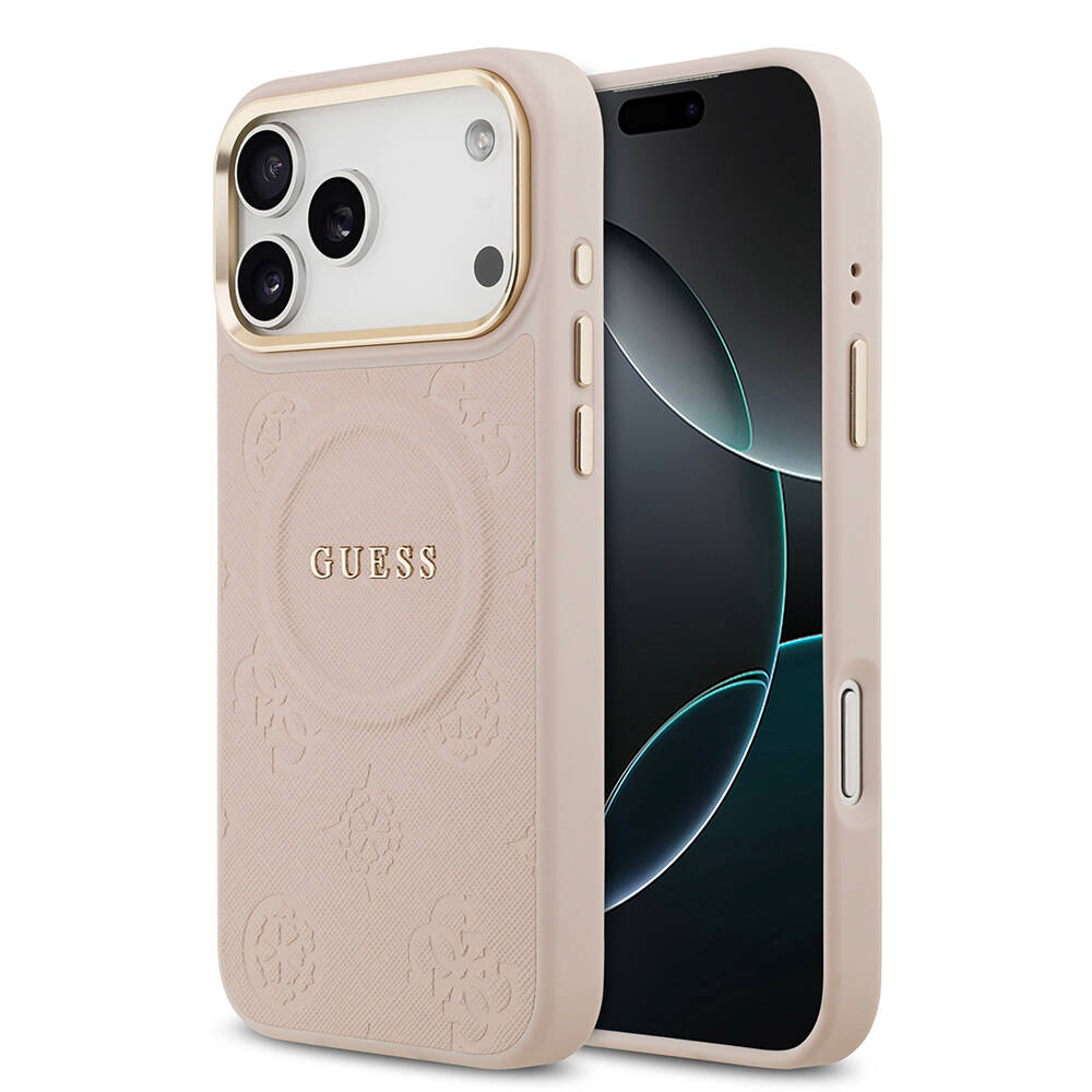 Apple iPhone 17 Pro Max Kılıf Guess Orjinal Lisanslı M-safe Şarj Özellikli Sıcak Baskılı Yazı Logolu PU Deri Peony Kapak - 10