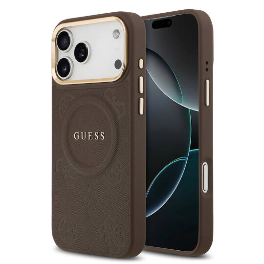 Apple iPhone 17 Pro Max Kılıf Guess Orjinal Lisanslı M-safe Şarj Özellikli Sıcak Baskılı Yazı Logolu PU Deri Peony Kapak - 9