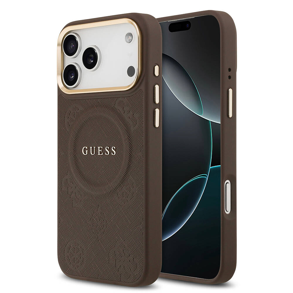 Apple iPhone 17 Pro Max Kılıf Guess Orjinal Lisanslı M-safe Şarj Özellikli Sıcak Baskılı Yazı Logolu PU Deri Peony Kapak - 9