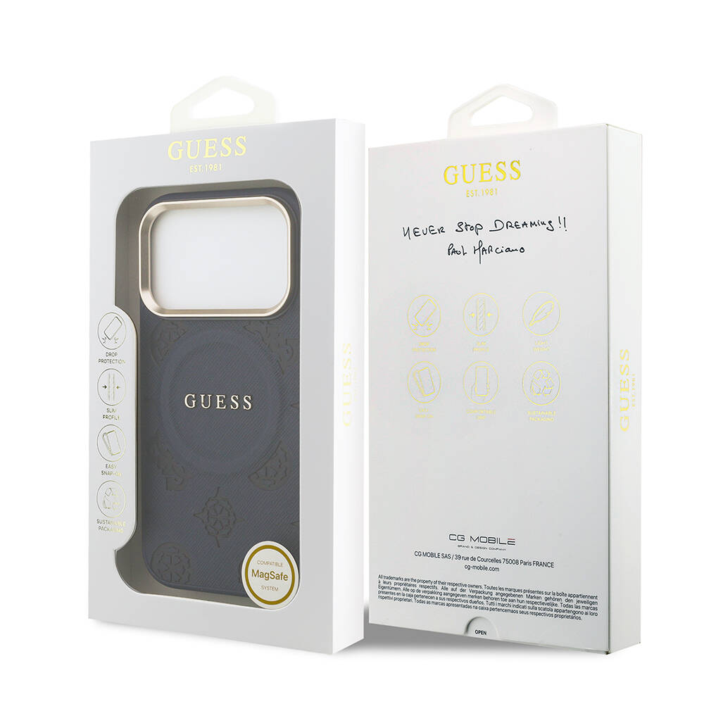 Apple iPhone 17 Pro Max Kılıf Guess Orjinal Lisanslı M-safe Şarj Özellikli Sıcak Baskılı Yazı Logolu PU Deri Peony Kapak - 8