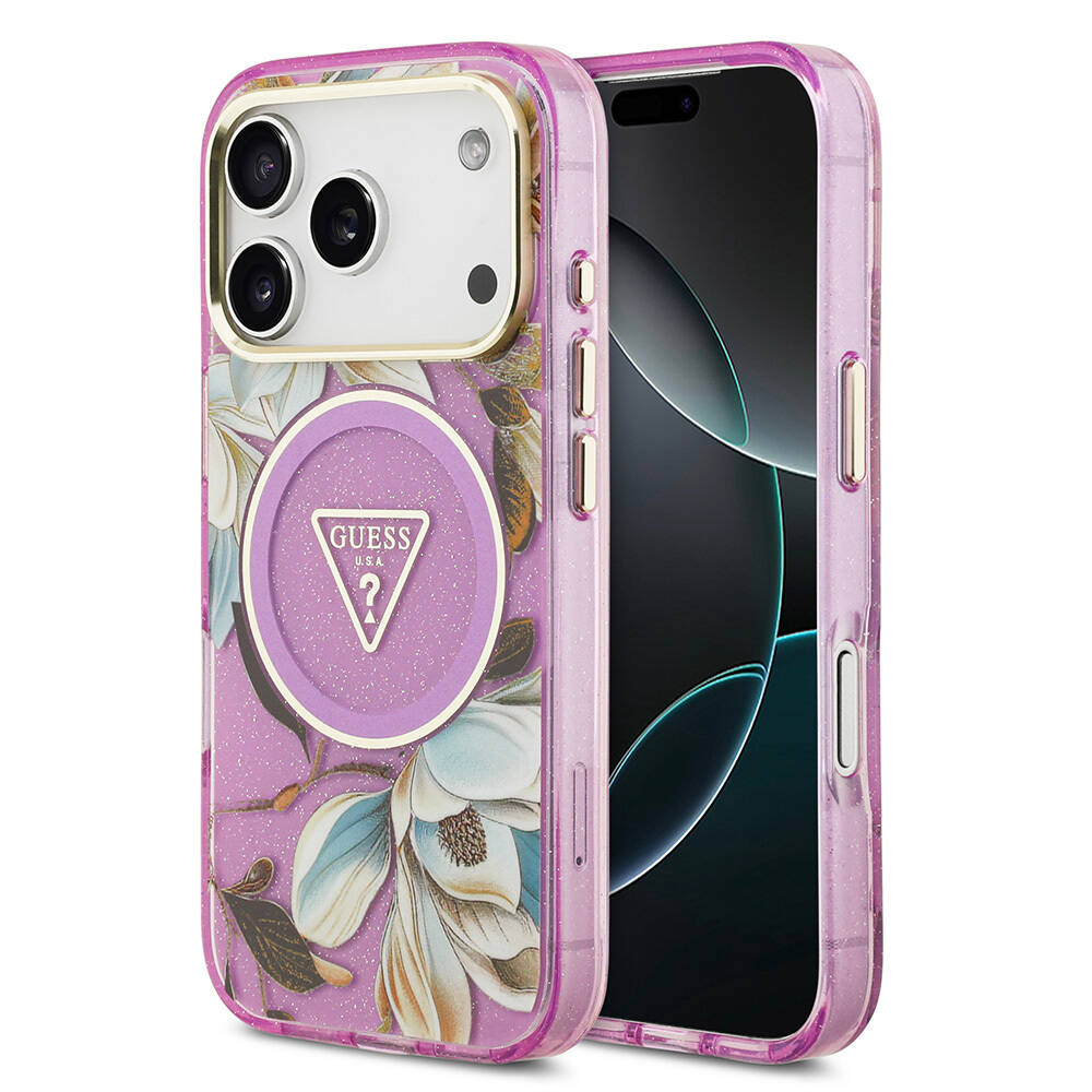 Apple iPhone 17 Pro Max Kılıf Guess Orjinal Lisanslı M-safe Şarj Özellikli Simli Çiçek Desenli Metal Kamera Çerçeveli Üçgen Logolu Kapak - 5