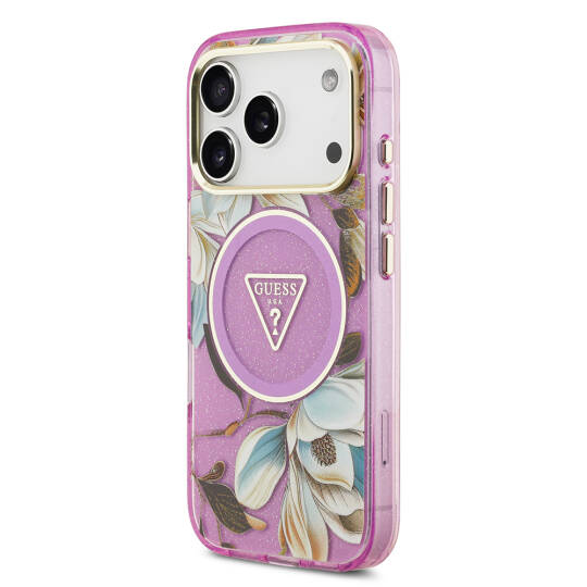 Apple iPhone 17 Pro Max Kılıf Guess Orjinal Lisanslı M-safe Şarj Özellikli Simli Çiçek Desenli Metal Kamera Çerçeveli Üçgen Logolu Kapak - 6