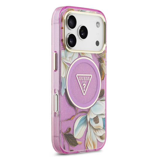 Apple iPhone 17 Pro Max Kılıf Guess Orjinal Lisanslı M-safe Şarj Özellikli Simli Çiçek Desenli Metal Kamera Çerçeveli Üçgen Logolu Kapak - 8