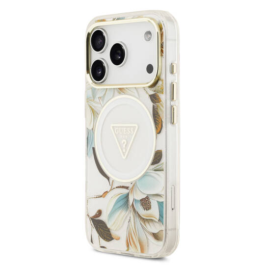 Apple iPhone 17 Pro Max Kılıf Guess Orjinal Lisanslı M-safe Şarj Özellikli Simli Çiçek Desenli Metal Kamera Çerçeveli Üçgen Logolu Kapak - 12