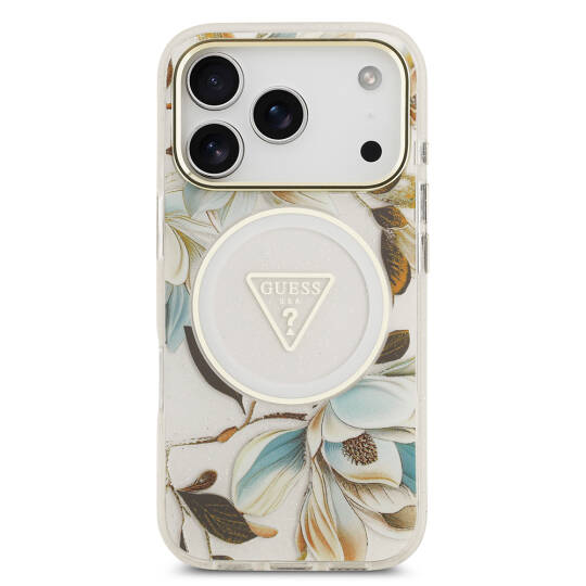 Apple iPhone 17 Pro Max Kılıf Guess Orjinal Lisanslı M-safe Şarj Özellikli Simli Çiçek Desenli Metal Kamera Çerçeveli Üçgen Logolu Kapak - 13