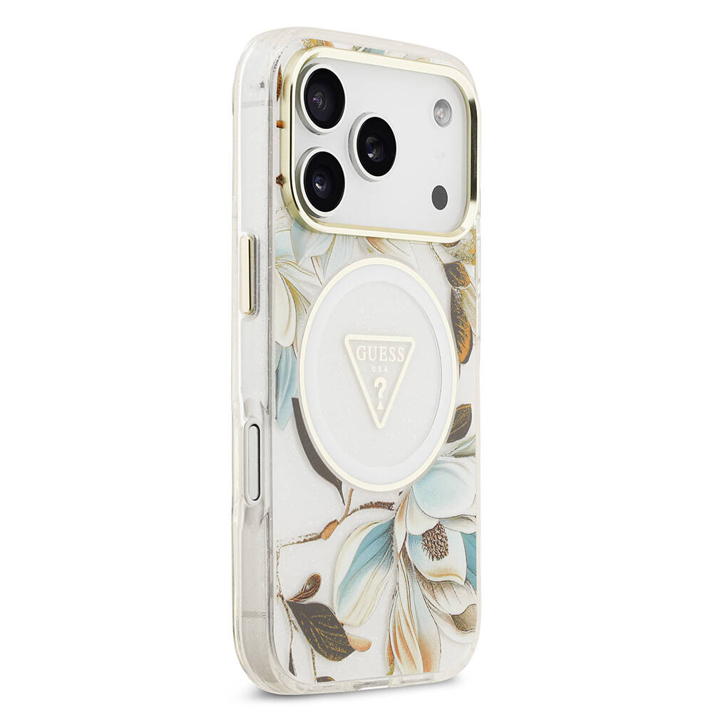 Apple iPhone 17 Pro Max Kılıf Guess Orjinal Lisanslı M-safe Şarj Özellikli Simli Çiçek Desenli Metal Kamera Çerçeveli Üçgen Logolu Kapak - 14