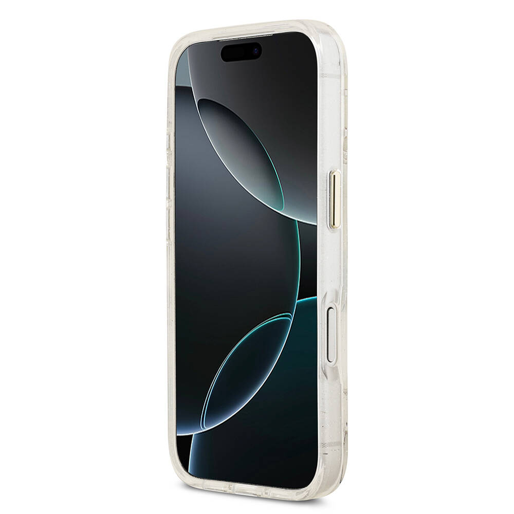 Apple iPhone 17 Pro Max Kılıf Guess Orjinal Lisanslı M-safe Şarj Özellikli Simli Çiçek Desenli Metal Kamera Çerçeveli Üçgen Logolu Kapak - 15