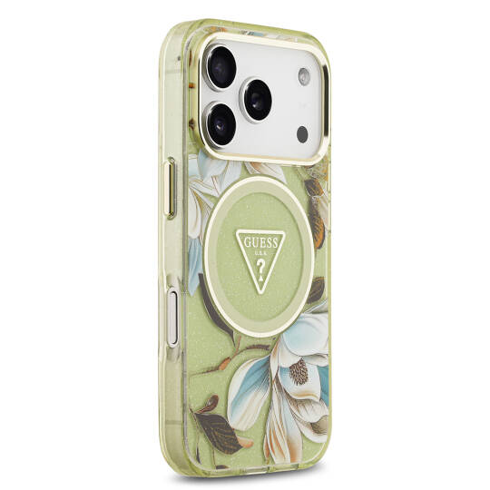 Apple iPhone 17 Pro Max Kılıf Guess Orjinal Lisanslı M-safe Şarj Özellikli Simli Çiçek Desenli Metal Kamera Çerçeveli Üçgen Logolu Kapak - 20