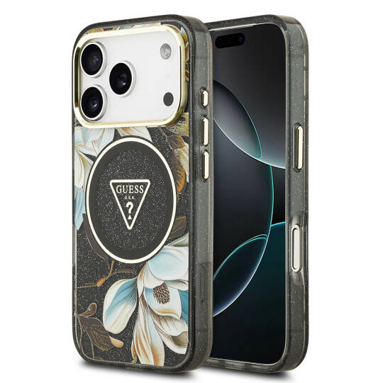 Apple iPhone 17 Pro Max Kılıf Guess Orjinal Lisanslı M-safe Şarj Özellikli Simli Çiçek Desenli Metal Kamera Çerçeveli Üçgen Logolu Kapak - 3