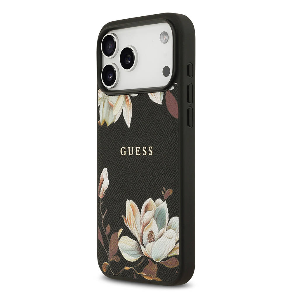 Apple iPhone 17 Pro Max Kılıf Guess Orjinal Lisanslı M-safe Şarj Özellikli Taneli Çiçek Tasarımlı Metal Yazı Logolu Kapak - 4