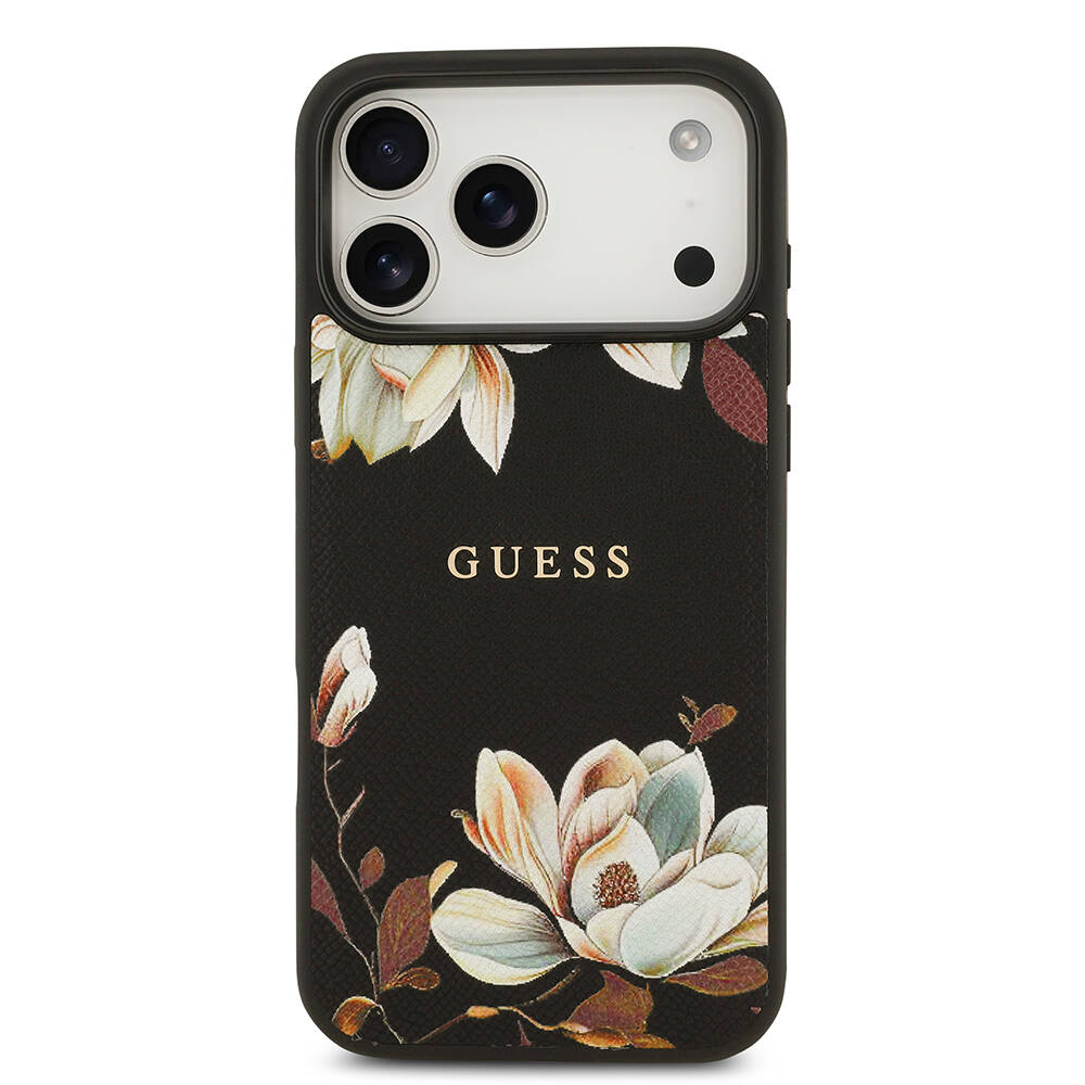 Apple iPhone 17 Pro Max Kılıf Guess Orjinal Lisanslı M-safe Şarj Özellikli Taneli Çiçek Tasarımlı Metal Yazı Logolu Kapak - 5