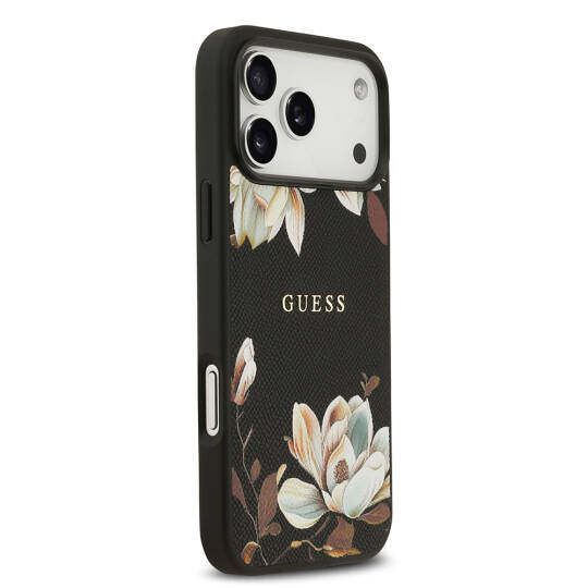 Apple iPhone 17 Pro Max Kılıf Guess Orjinal Lisanslı M-safe Şarj Özellikli Taneli Çiçek Tasarımlı Metal Yazı Logolu Kapak - 6