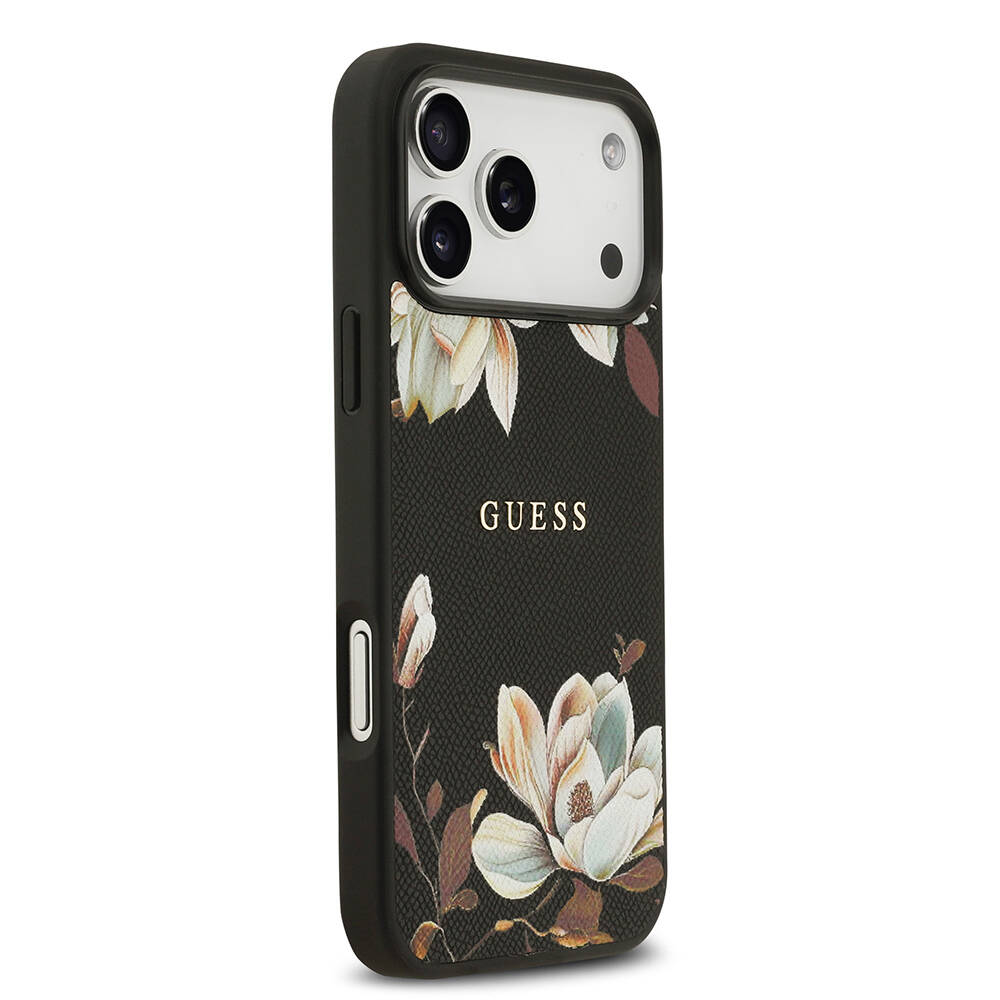 Apple iPhone 17 Pro Max Kılıf Guess Orjinal Lisanslı M-safe Şarj Özellikli Taneli Çiçek Tasarımlı Metal Yazı Logolu Kapak - 6