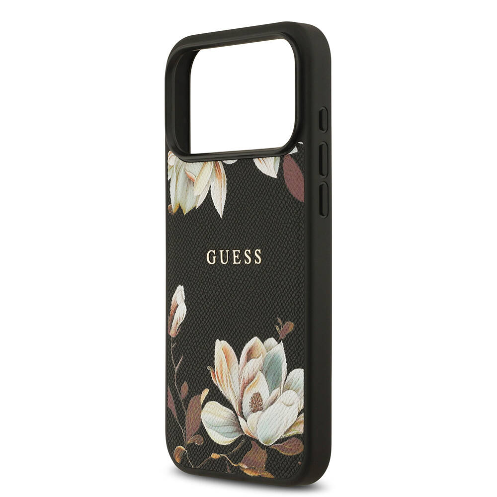 Apple iPhone 17 Pro Max Kılıf Guess Orjinal Lisanslı M-safe Şarj Özellikli Taneli Çiçek Tasarımlı Metal Yazı Logolu Kapak - 8