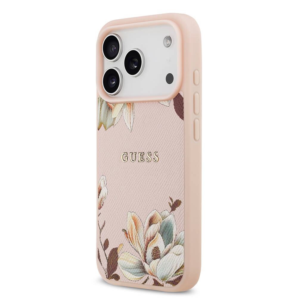 Apple iPhone 17 Pro Max Kılıf Guess Orjinal Lisanslı M-safe Şarj Özellikli Taneli Çiçek Tasarımlı Metal Yazı Logolu Kapak - 10