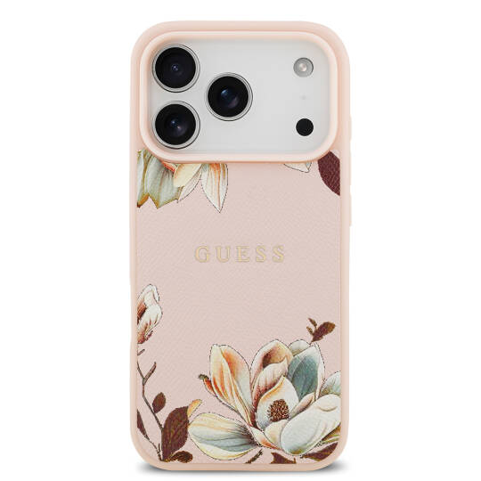 Apple iPhone 17 Pro Max Kılıf Guess Orjinal Lisanslı M-safe Şarj Özellikli Taneli Çiçek Tasarımlı Metal Yazı Logolu Kapak - 11