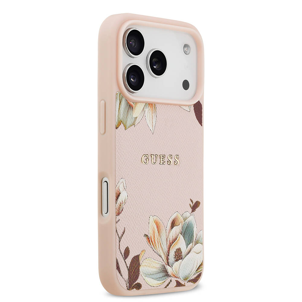 Apple iPhone 17 Pro Max Kılıf Guess Orjinal Lisanslı M-safe Şarj Özellikli Taneli Çiçek Tasarımlı Metal Yazı Logolu Kapak - 12