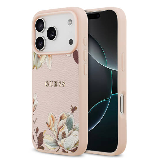 Apple iPhone 17 Pro Max Kılıf Guess Orjinal Lisanslı M-safe Şarj Özellikli Taneli Çiçek Tasarımlı Metal Yazı Logolu Kapak - 2