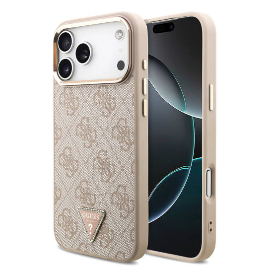 Apple iPhone 17 Pro Max Kılıf Guess Orjinal Lisanslı M-safe Şarj Özellikli Taşlı Üçgen Logo 4G Desenli Kapak - 4