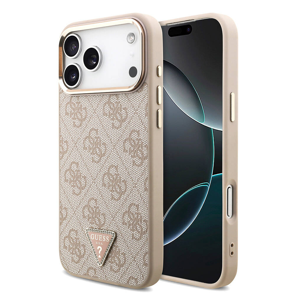 Apple iPhone 17 Pro Max Kılıf Guess Orjinal Lisanslı M-safe Şarj Özellikli Taşlı Üçgen Logo 4G Desenli Kapak - 4