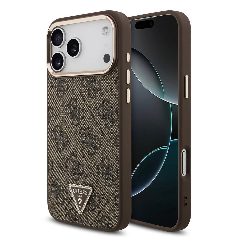 Apple iPhone 17 Pro Max Kılıf Guess Orjinal Lisanslı M-safe Şarj Özellikli Taşlı Üçgen Logo 4G Desenli Kapak - 2