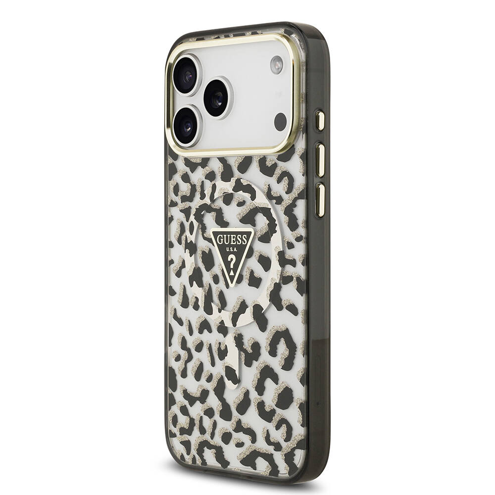 Apple iPhone 17 Pro Max Kılıf Guess Orjinal Lisanslı M-safe Şarj Özellikli Üçgen Logolu Simli Leopar Desenli Kapak - 10