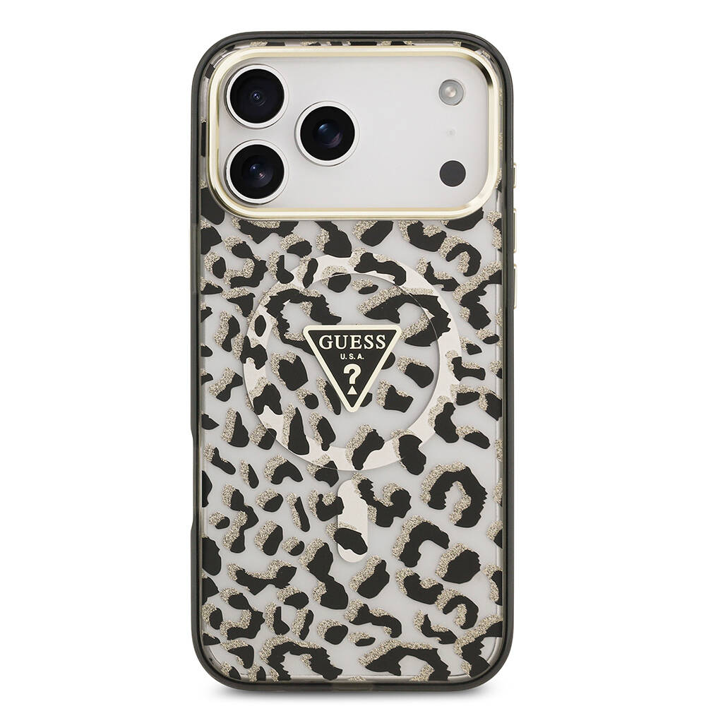 Apple iPhone 17 Pro Max Kılıf Guess Orjinal Lisanslı M-safe Şarj Özellikli Üçgen Logolu Simli Leopar Desenli Kapak - 11