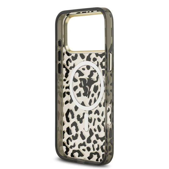 Apple iPhone 17 Pro Max Kılıf Guess Orjinal Lisanslı M-safe Şarj Özellikli Üçgen Logolu Simli Leopar Desenli Kapak - 15