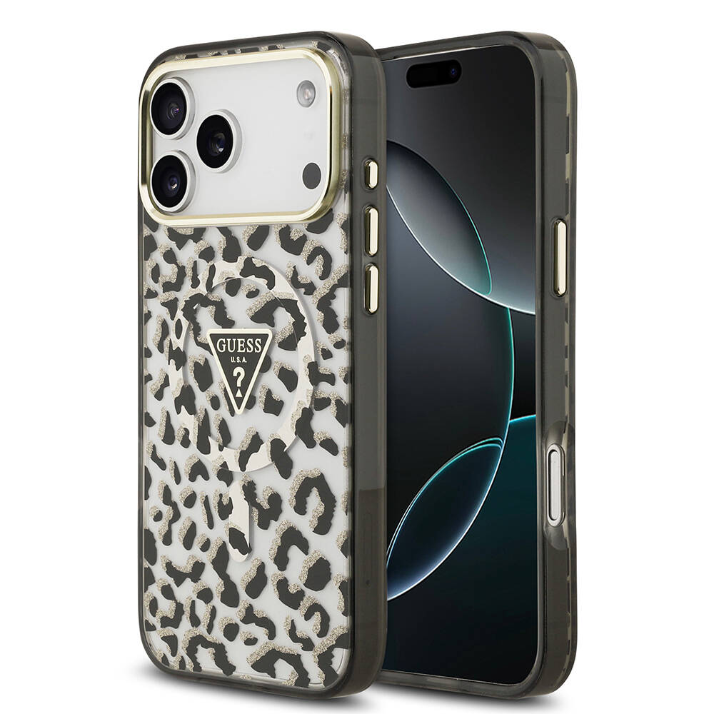 Apple iPhone 17 Pro Max Kılıf Guess Orjinal Lisanslı M-safe Şarj Özellikli Üçgen Logolu Simli Leopar Desenli Kapak - 1