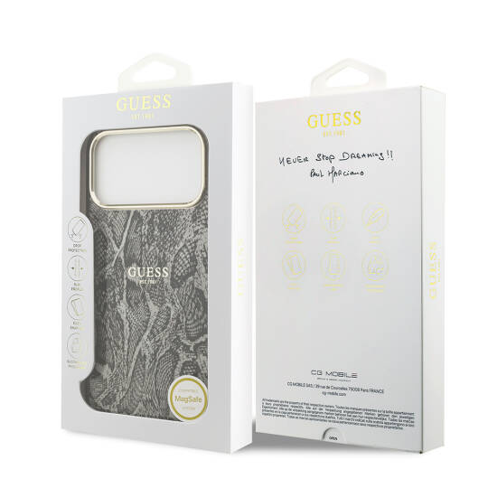 Apple iPhone 17 Pro Max Kılıf Guess Orjinal Lisanslı M-safe Şarj Özellikli Yazı Logolu Python Desenli Kapak - 17
