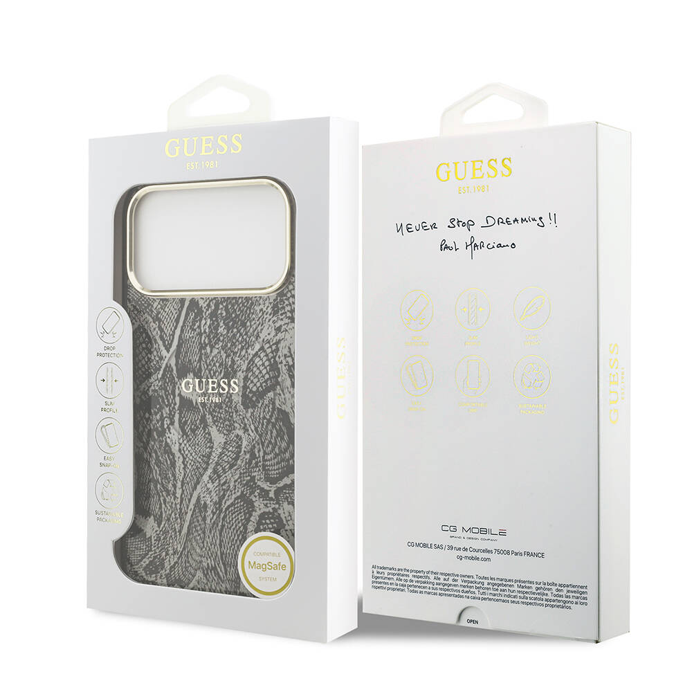 Apple iPhone 17 Pro Max Kılıf Guess Orjinal Lisanslı M-safe Şarj Özellikli Yazı Logolu Python Desenli Kapak - 17