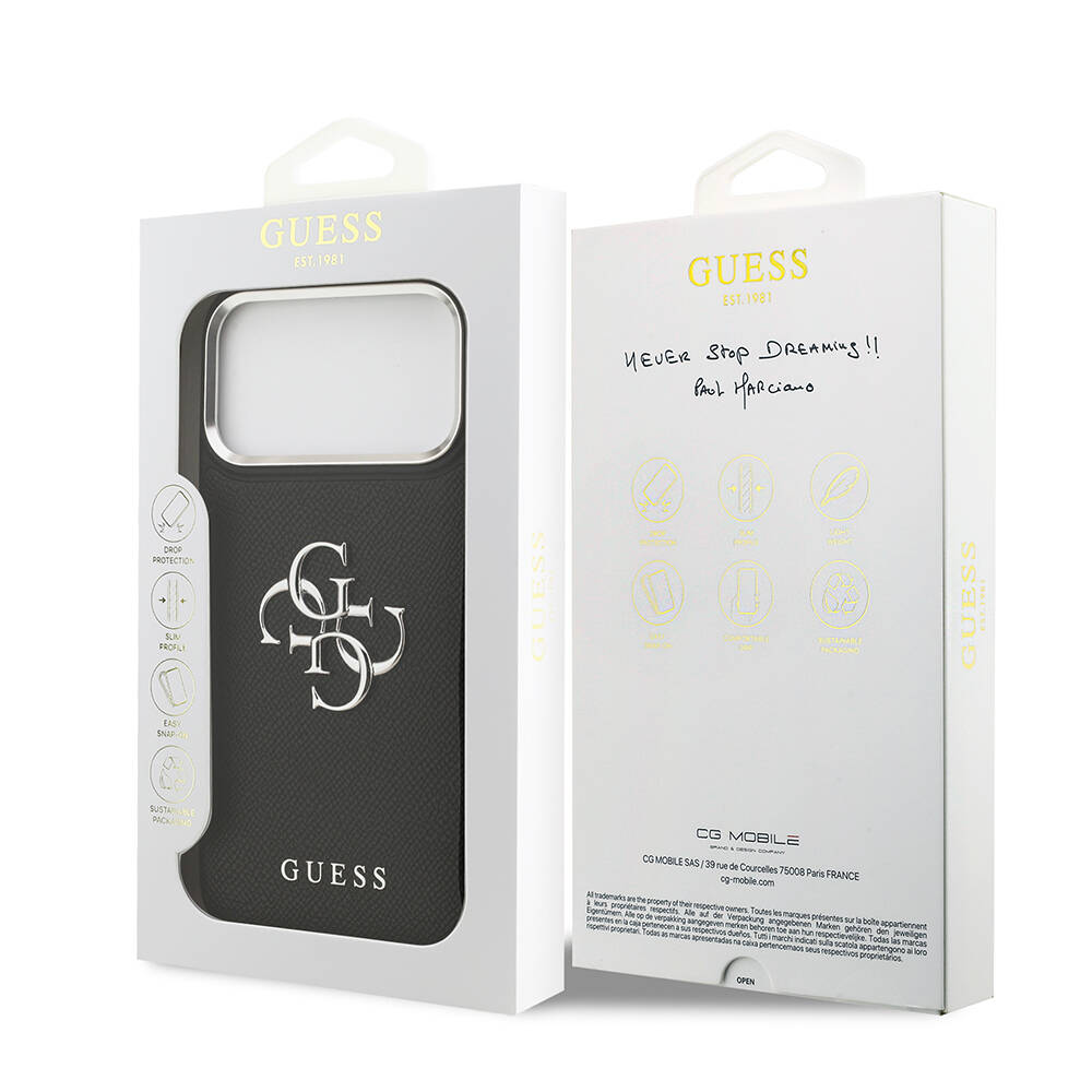 Apple iPhone 17 Pro Max Kılıf Guess Orjinal Lisanslı Metal Kamera Çerçeveli Metal Büyük 4G ve Yazı Logolu PU Deri Kapak - 9