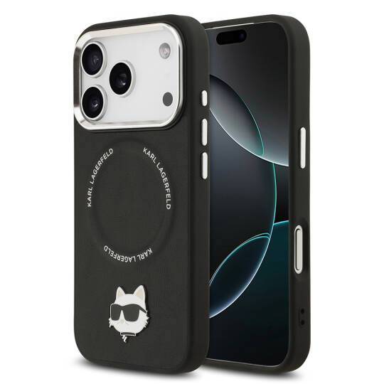 Apple iPhone 17 Pro Max Kılıf Karl Lagerfeld Orjinal Lisanslı M-safe Şarj Özellikli Metal Kamera ve Buton Tasarımlı Choupette PU Deri Kapak