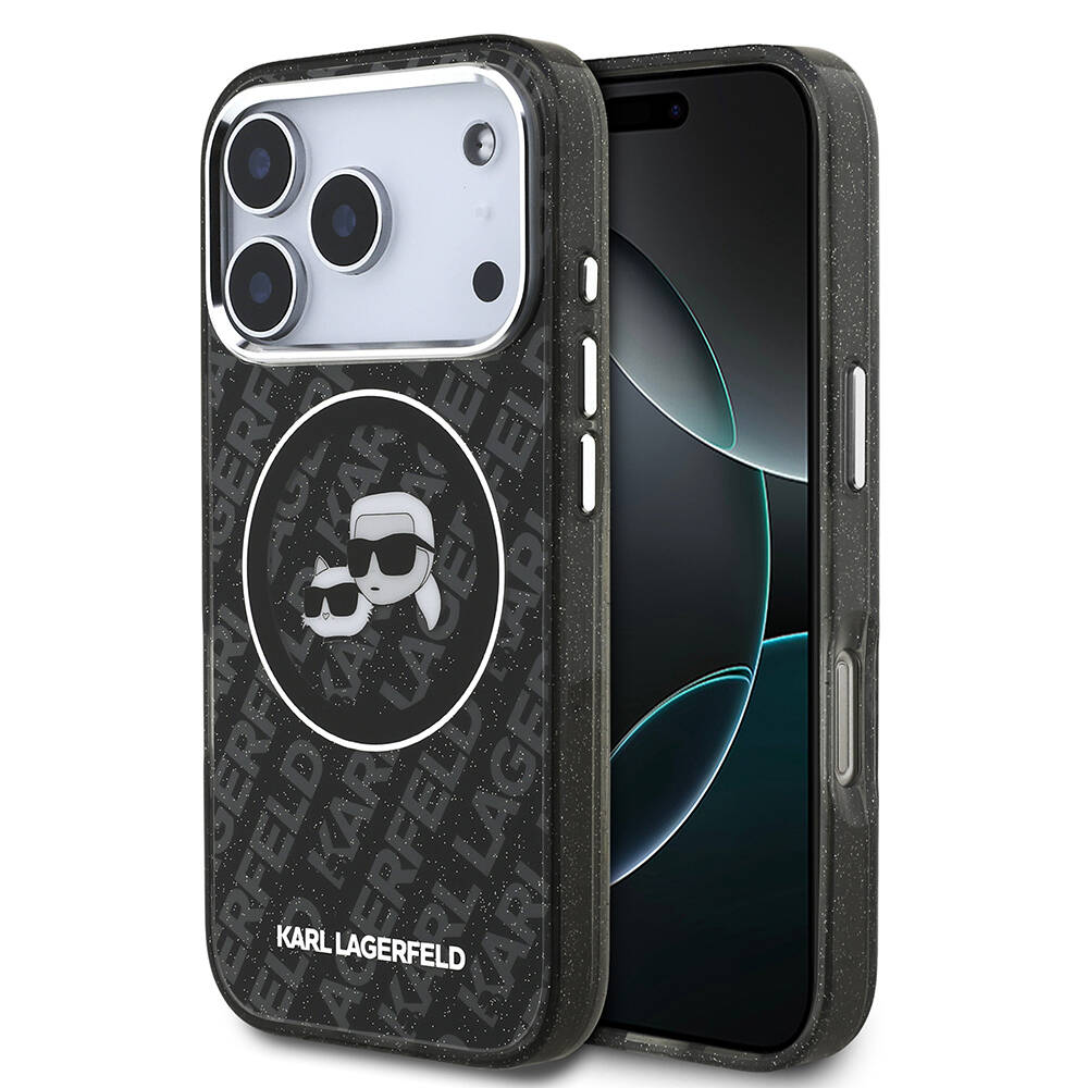 Apple iPhone 17 Pro Max Kılıf Karl Lagerfeld Orjinal Lisanslı Parlayan Simli Karl & Choupette Heads Kapak - 4