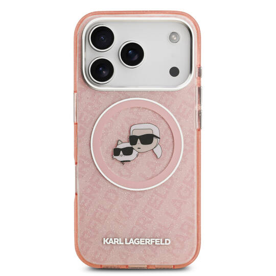 Apple iPhone 17 Pro Max Kılıf Karl Lagerfeld Orjinal Lisanslı Parlayan Simli Karl & Choupette Heads Kapak - 18