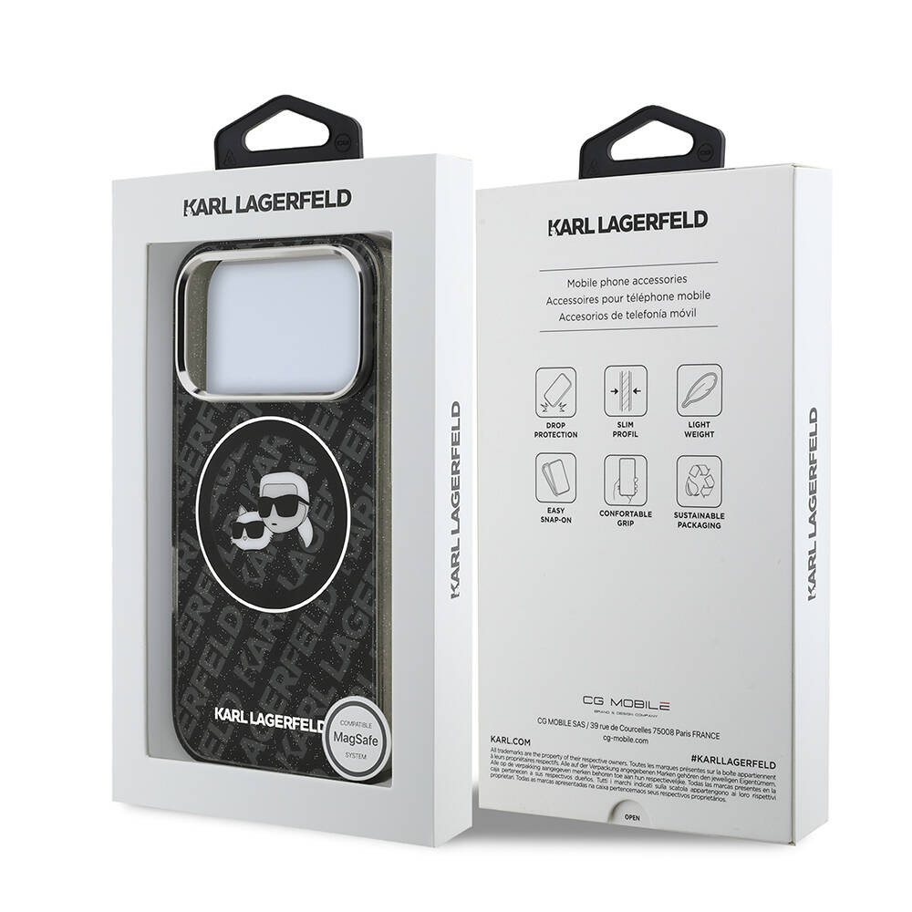 Apple iPhone 17 Pro Max Kılıf Karl Lagerfeld Orjinal Lisanslı Parlayan Simli Karl & Choupette Heads Kapak - 23