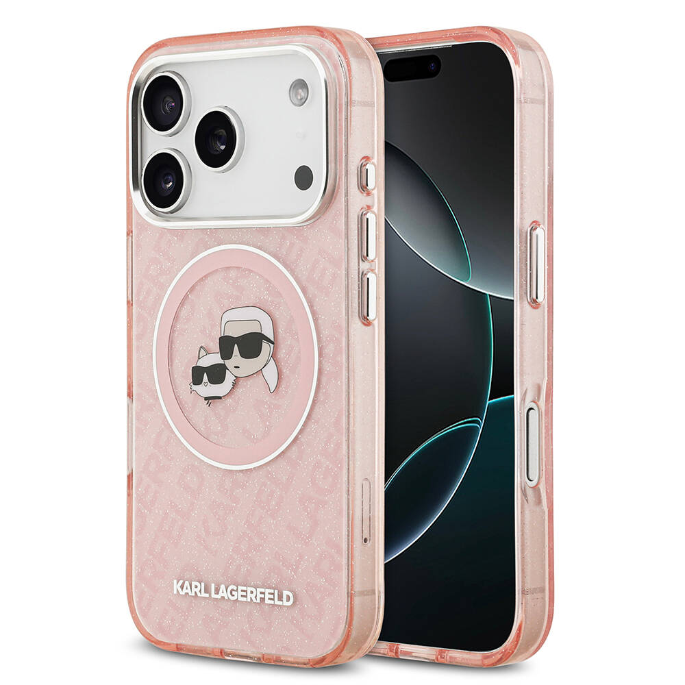 Apple iPhone 17 Pro Max Kılıf Karl Lagerfeld Orjinal Lisanslı Parlayan Simli Karl & Choupette Heads Kapak - 1