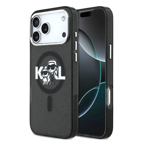 Apple iPhone 17 Pro Max Kılıf Karl Lagerfeld Orjinal Lisanslı Parlayan Simli Karl & Choupette Sketch Logo Kapak - 2