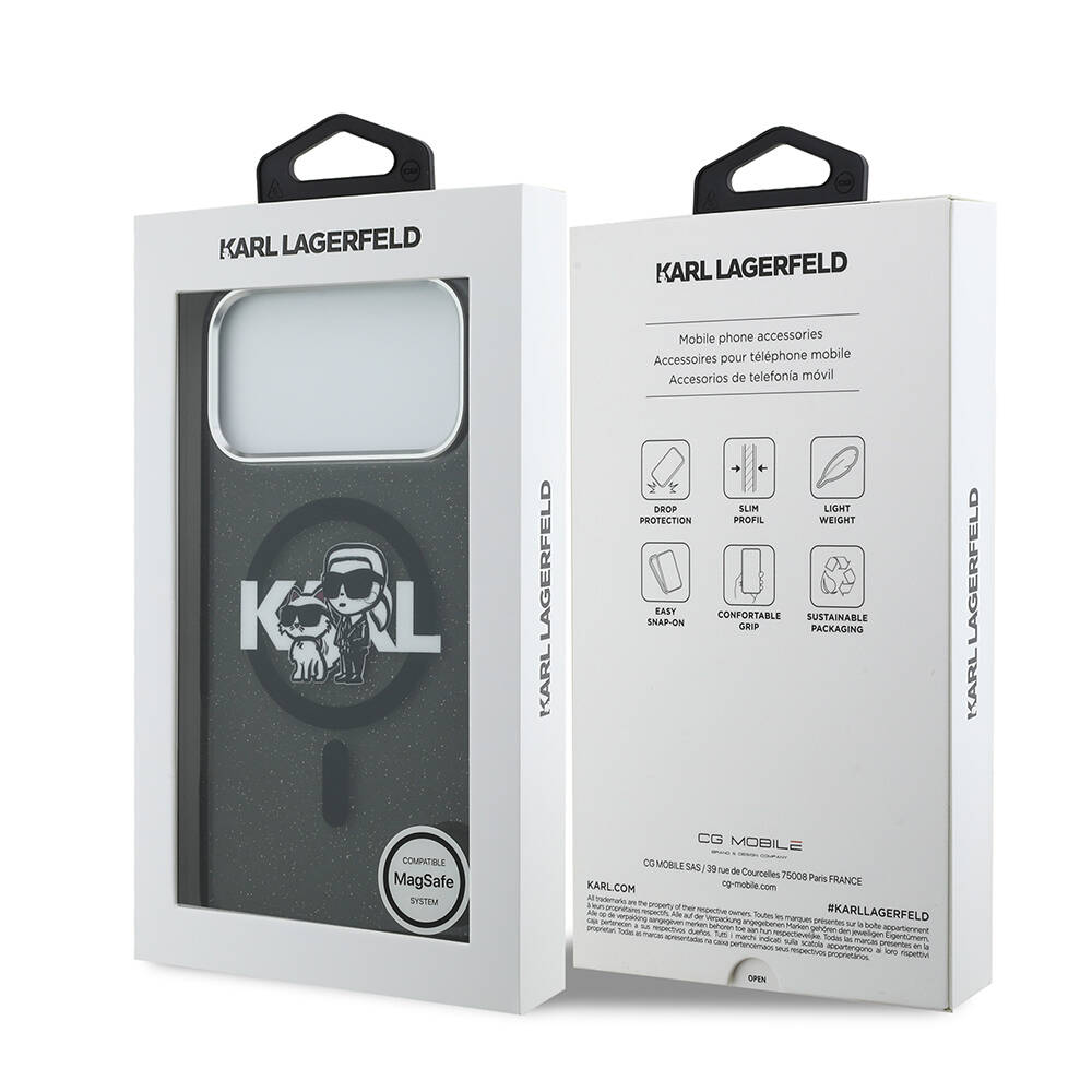 Apple iPhone 17 Pro Max Kılıf Karl Lagerfeld Orjinal Lisanslı Parlayan Simli Karl & Choupette Sketch Logo Kapak - 9