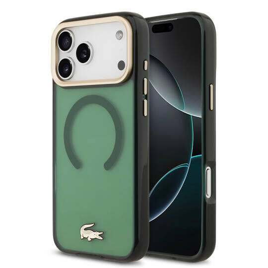 Apple iPhone 17 Pro Max Kılıf Lacoste Orjinal Lisanslı M-safe Şarj Özellikli Gold Timsah Logolu Buzlu Kapak - 3