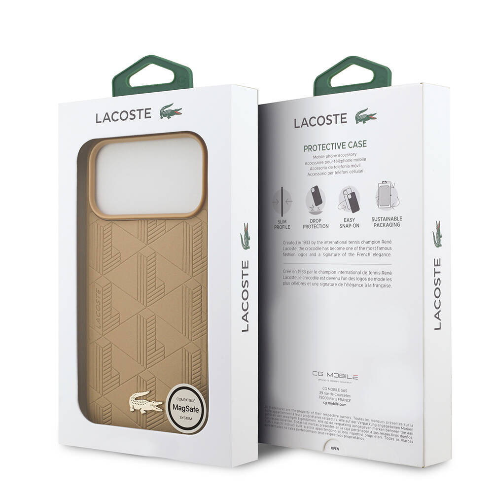 Apple iPhone 17 Pro Max Kılıf Lacoste Orjinal Lisanslı M-safe Şarj Özellikli PU Deri Tasarımlı Karışık Monogram Desenli Kapak - 17