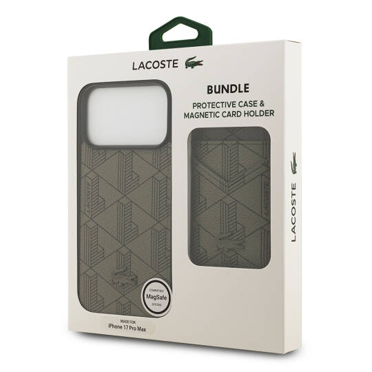 Apple iPhone 17 Pro Max Kılıf Lacoste Orjinal Lisanslı M-safe Şarj Özellikli PU Deri Tasarımlı Kartlıklı Karışık Monogram Desenli Kapak - 32