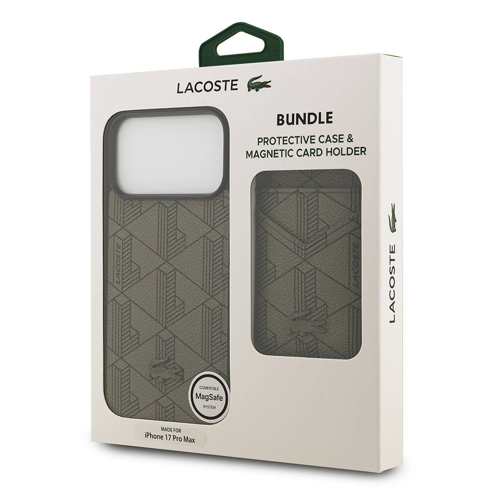 Apple iPhone 17 Pro Max Kılıf Lacoste Orjinal Lisanslı M-safe Şarj Özellikli PU Deri Tasarımlı Kartlıklı Karışık Monogram Desenli Kapak - 32