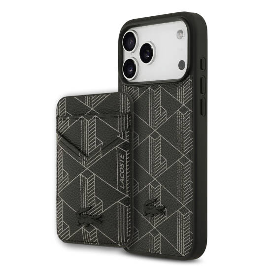 Apple iPhone 17 Pro Max Kılıf Lacoste Orjinal Lisanslı M-safe Şarj Özellikli PU Deri Tasarımlı Kartlıklı Karışık Monogram Desenli Kapak - 12