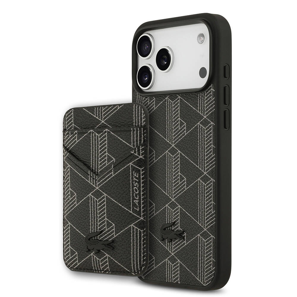 Apple iPhone 17 Pro Max Kılıf Lacoste Orjinal Lisanslı M-safe Şarj Özellikli PU Deri Tasarımlı Kartlıklı Karışık Monogram Desenli Kapak - 12