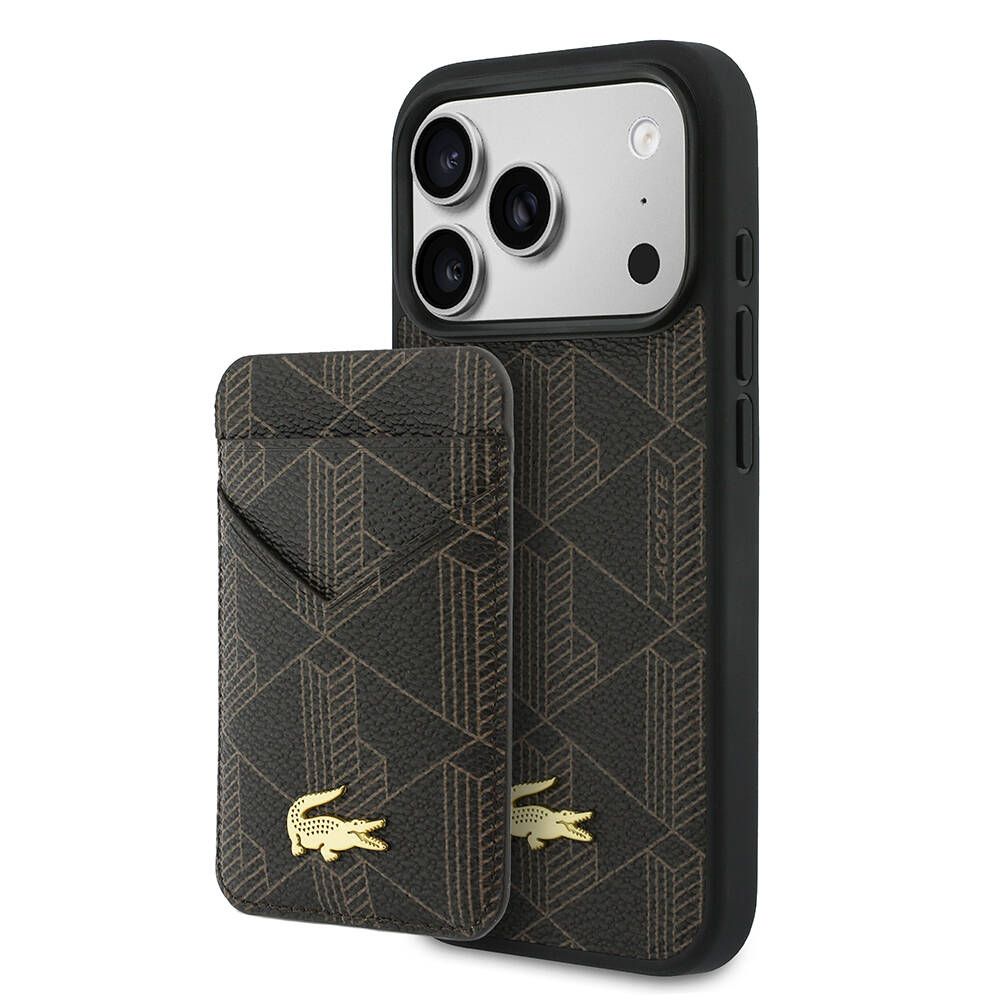 Apple iPhone 17 Pro Max Kılıf Lacoste Orjinal Lisanslı M-safe Şarj Özellikli PU Deri Tasarımlı Kartlıklı Karışık Monogram Desenli Kapak - 1